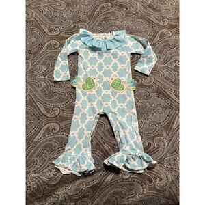 Mudpie Blue/White Bird Pockets Appliqué Ruffled Cotton Knit Coverall 6-9 M